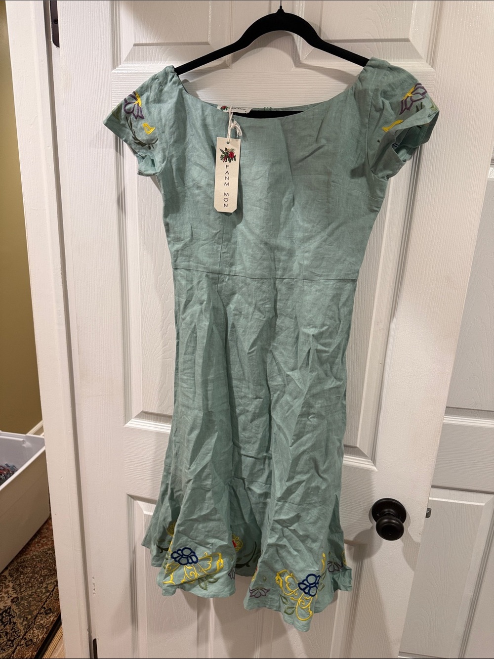 Fanm Mon Sage Green Embroidered Cap Sleeve Midi Dress